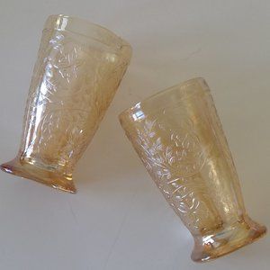 S/2 Vintage Jeannette Floragold Louisa Iridescent Water Glasses Juice Tumblers